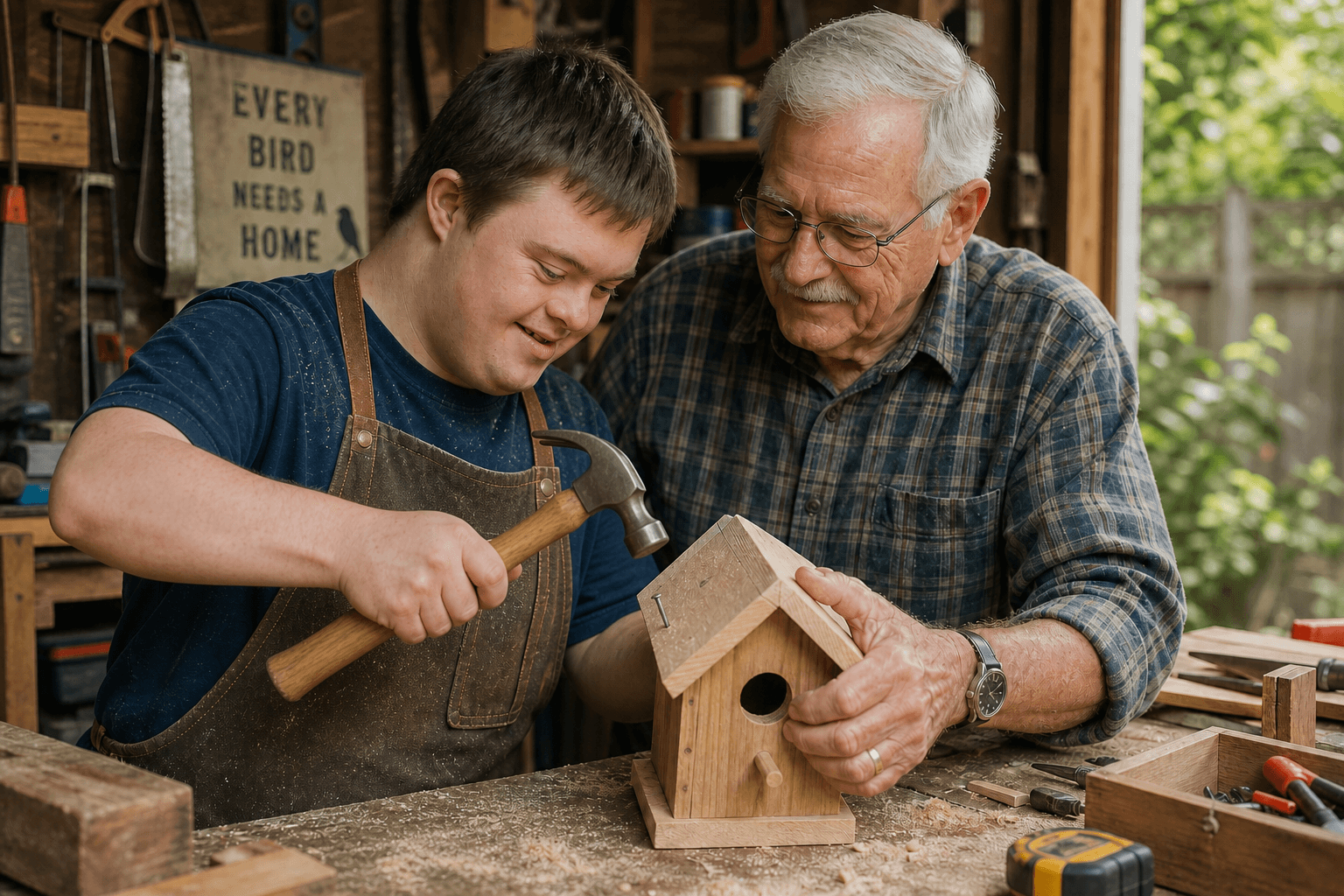 A young man with Down syndrome builds a birdhouse alongside an older mentor in a workshop.