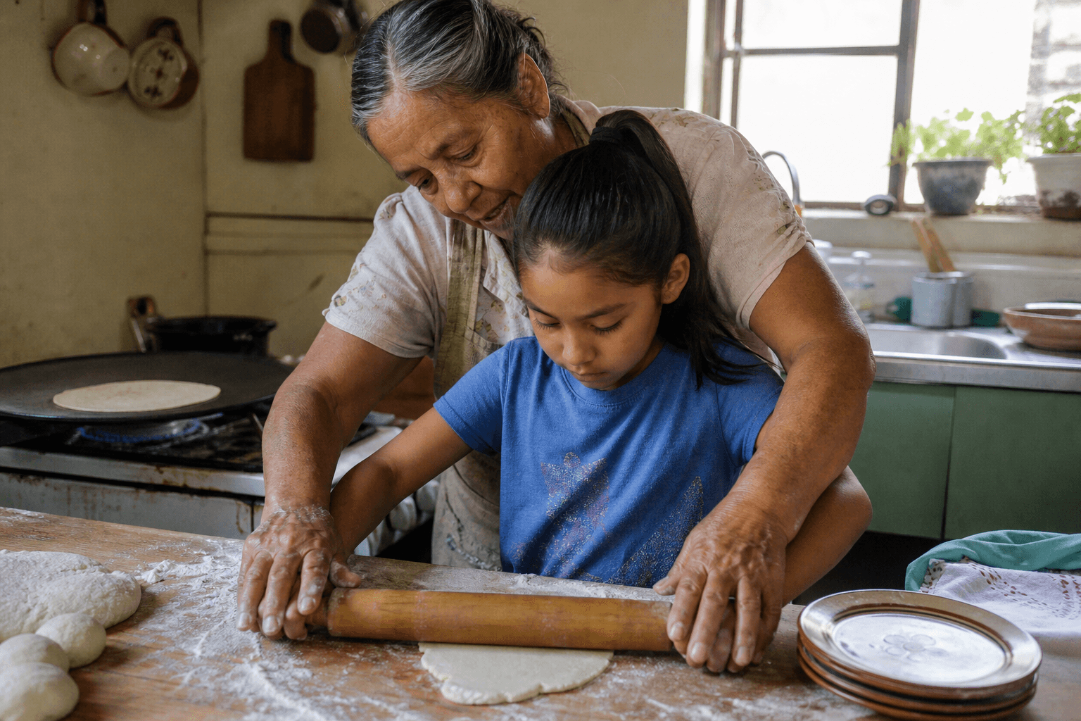 A grandmother guides her granddaughter's hands as they roll out tortillas together in a kitchen.