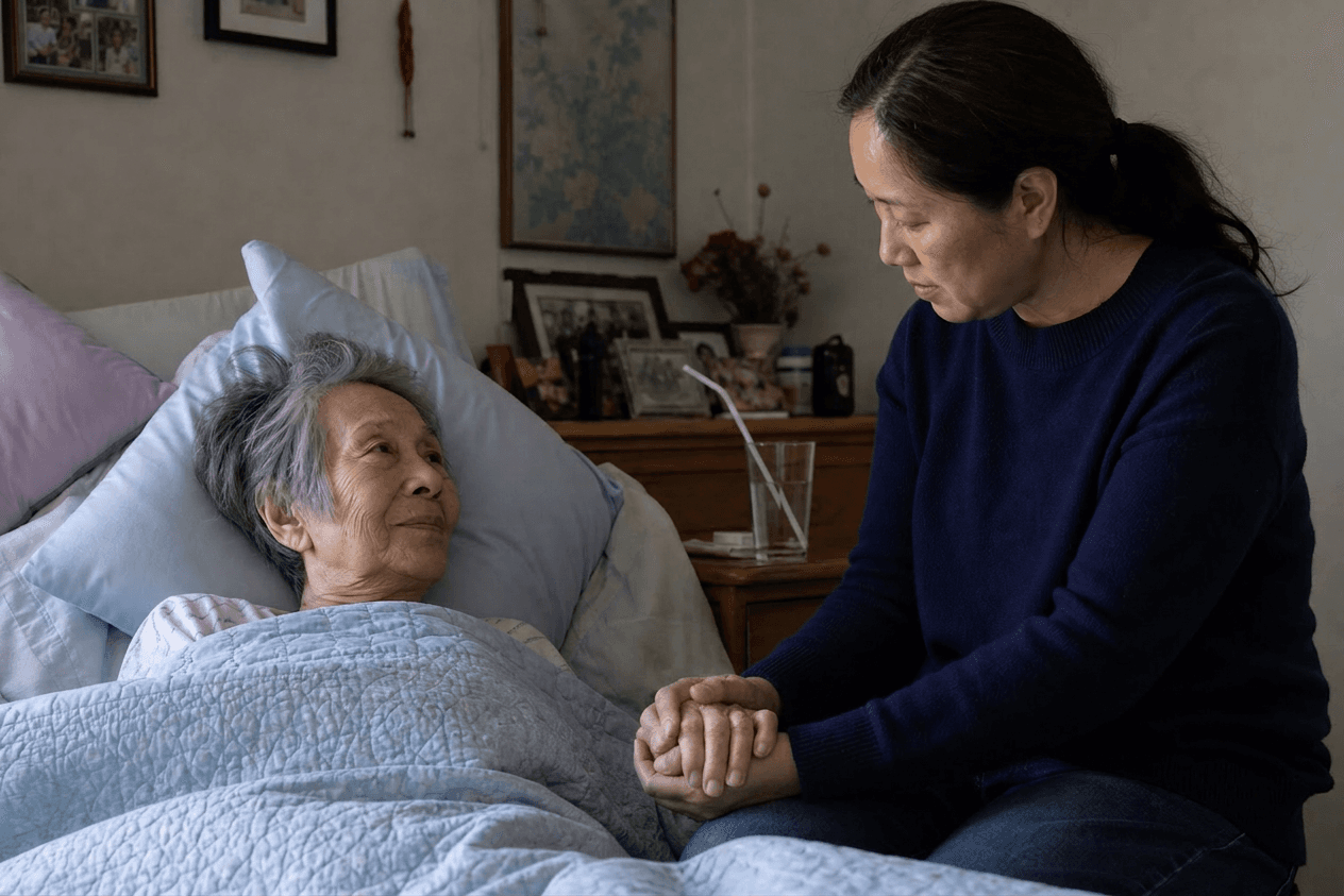A daughter gently holds the hand of her dying elderly mother at her bedside.