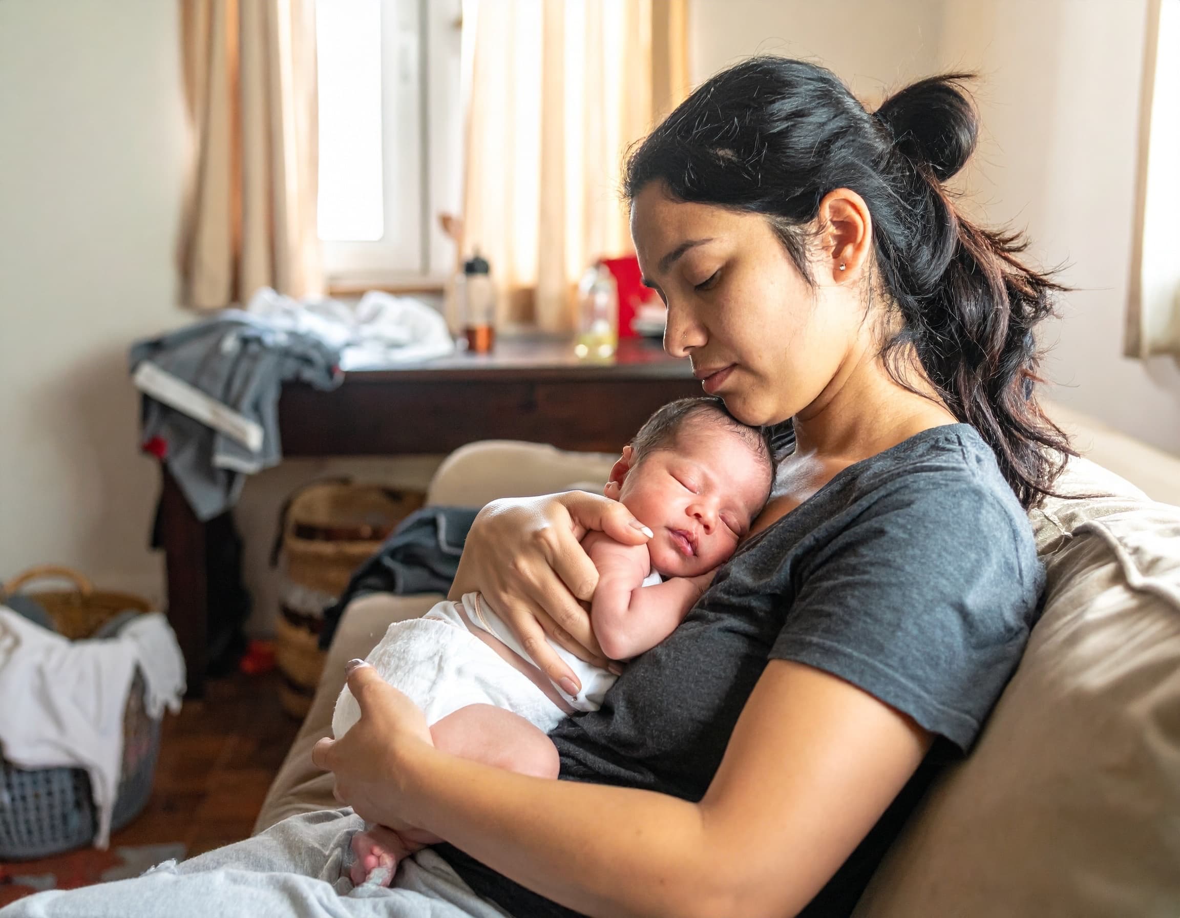A mother holds her sleeping newborn close to her chest in a lived-in bedroom.